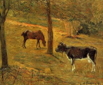 保羅 高更 Horse and Cow in a Field